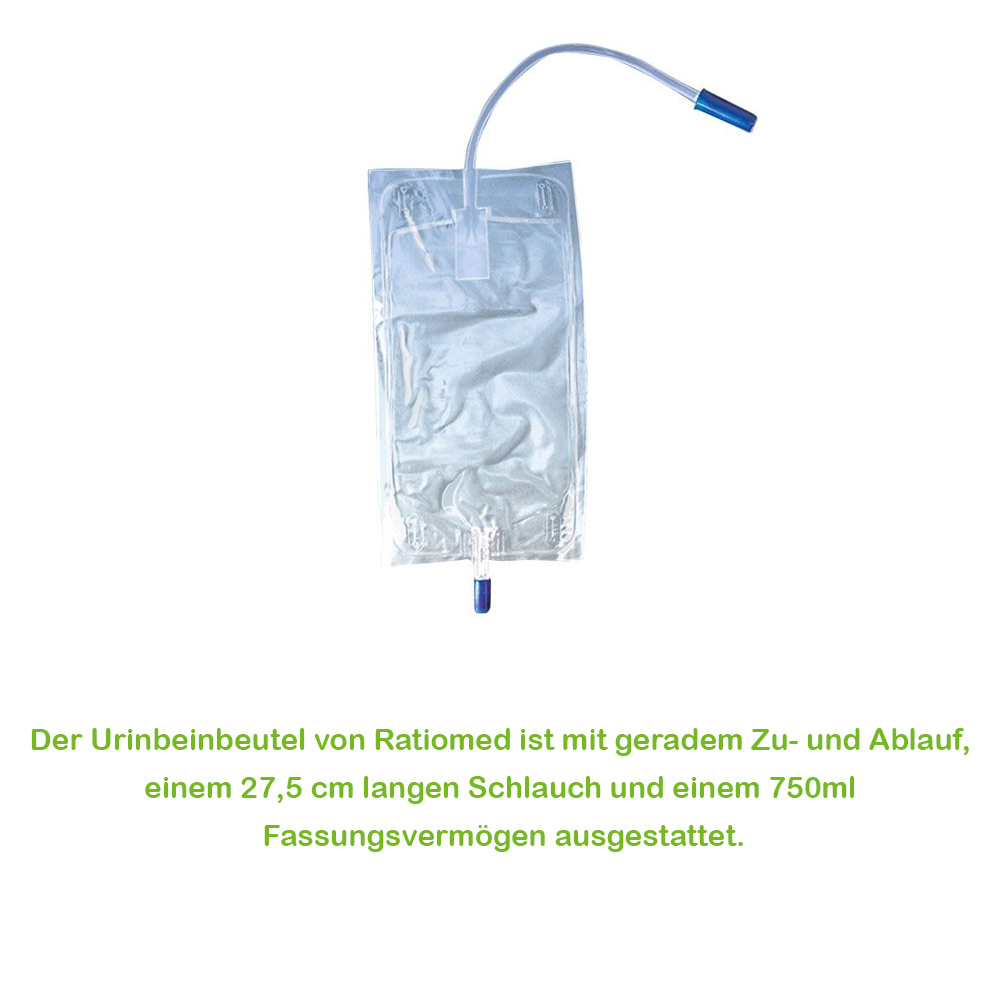 Ratiomed Urinbeinbeutel Einkammer 750 ml, Zu-/Ablauf, ca 15 cm Schlauch