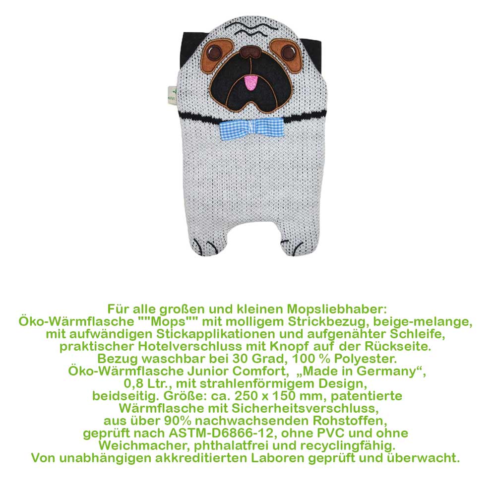 Hugo Frosch Öko Wärmflasche 0,8 L, Strickbezug Mops