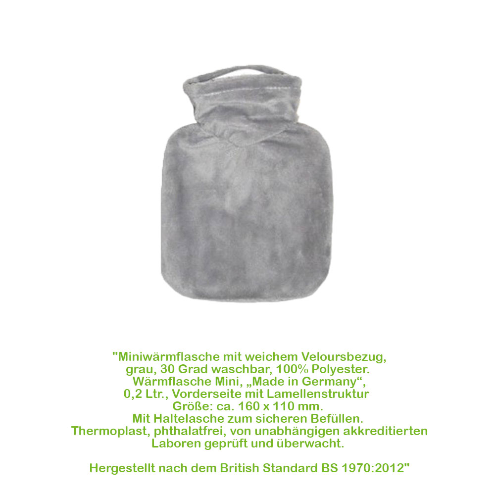 Hugo Frosch Mini Wärmflasche 0,2 L, Veloursbezug, grau