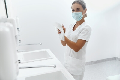 Einmalhandtücher zum Trocknen von nassen Händen Krankenschwester trocknet Ihre Hände mit Einmalhandtücher