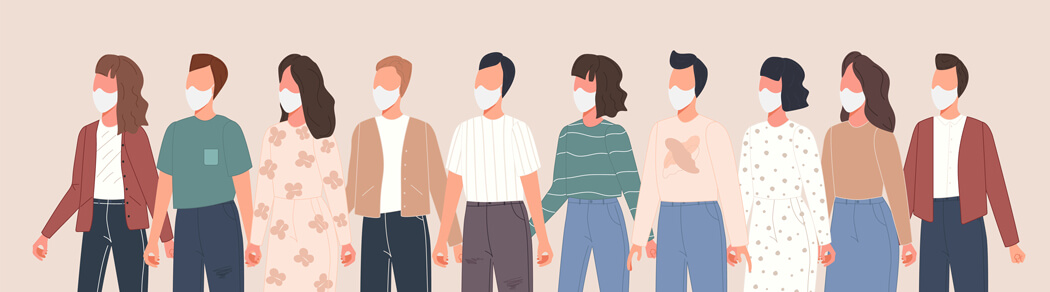 Medizinische Masken bieten Schutz in der Öffentlichkeit, wenn alle Personen sie tragen Menschenmenge - alle tragen einen Mundschutz