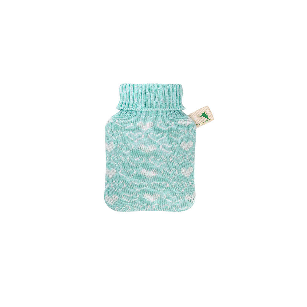 Hugo Frosch Mini Wärmflasche 0,2 L, Strickbezug, Herzen, mint