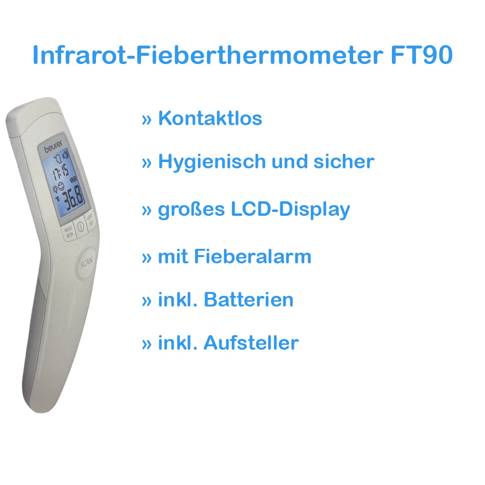 Kontaktloses Fieberthermometer FT90 von Beurer für Stirn, Fieberalarm