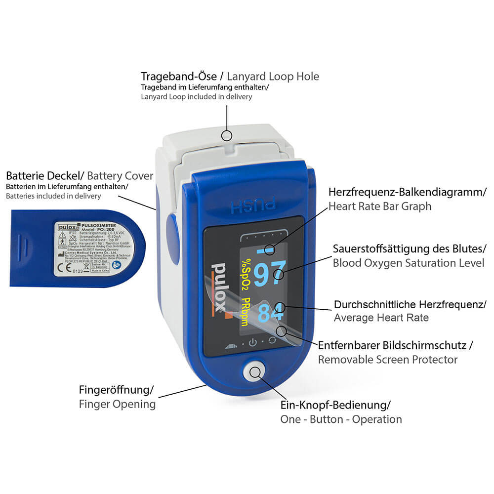 Pulox Finger-Pulsoximeter PO-200, drehbare OLED-Anzeige, Blau