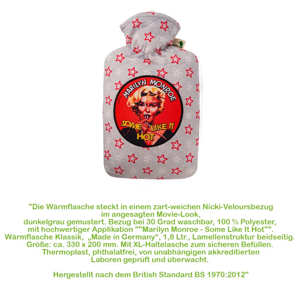 Hugo Frosch Klassik Wärmflasche 1,8 L, Nicki-Veloursbezug, Marilyn Monroe