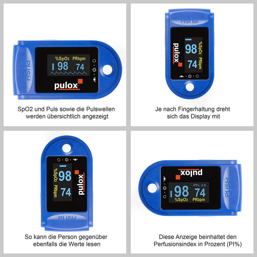 Pulox Finger-Pulsoximeter PO-200, drehbare OLED-Anzeige, Blau