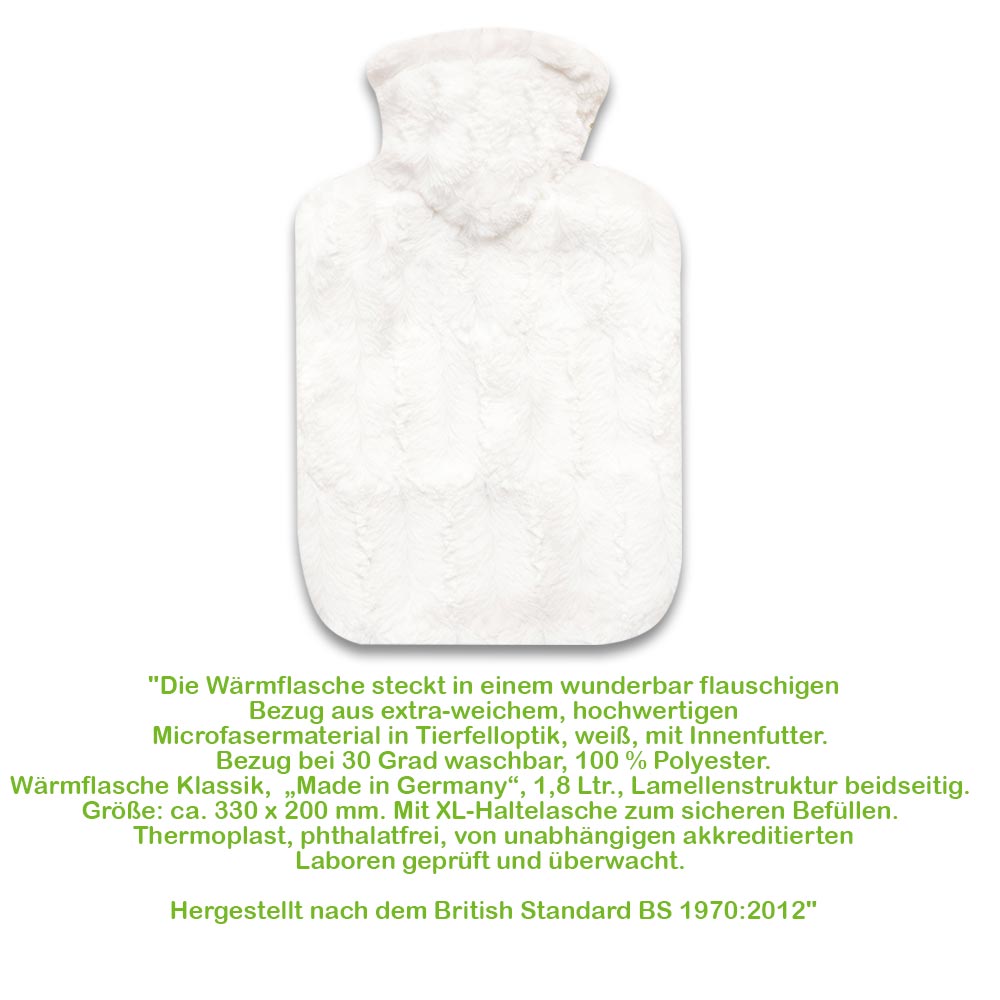 Hugo Frosch Klassik Wärmflasche 1,8 L, Flauschbezug, Tierfelloptik, weiß