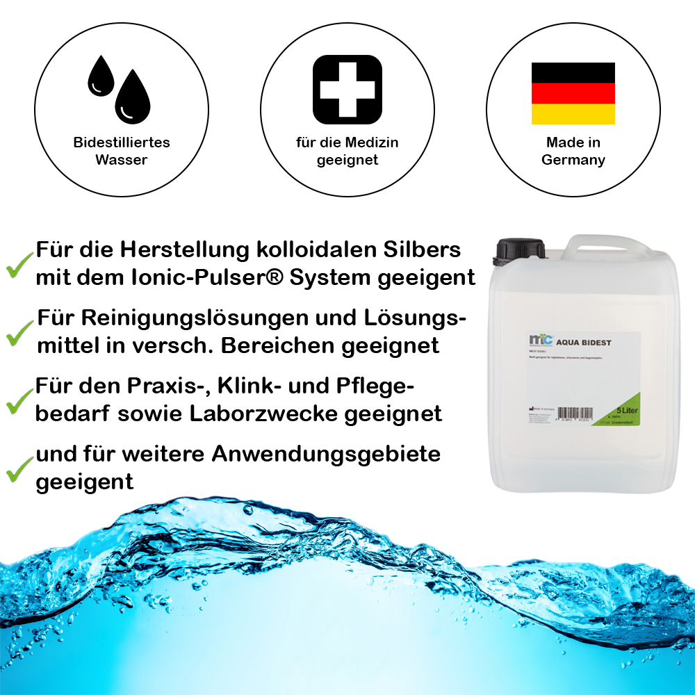 Bidestilliertes Wasser AQUA BIDEST, Laborwasser Reinst-Wasser, 5 Liter