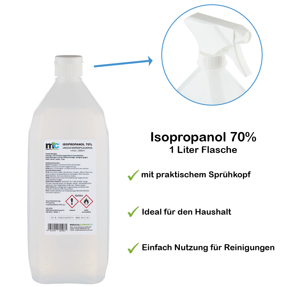 Medicalcorner24 Isopropanol 70%, Isopropylalkohol 1 Liter Sprühflasche