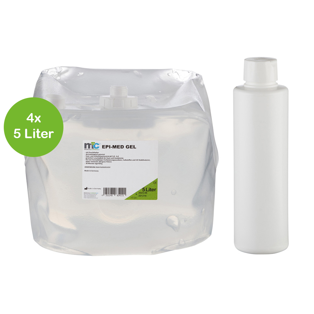 IPL Gel Epimed, IPL Kontaktgel, 4 x 5 Liter Cubitainer und Leerflasche