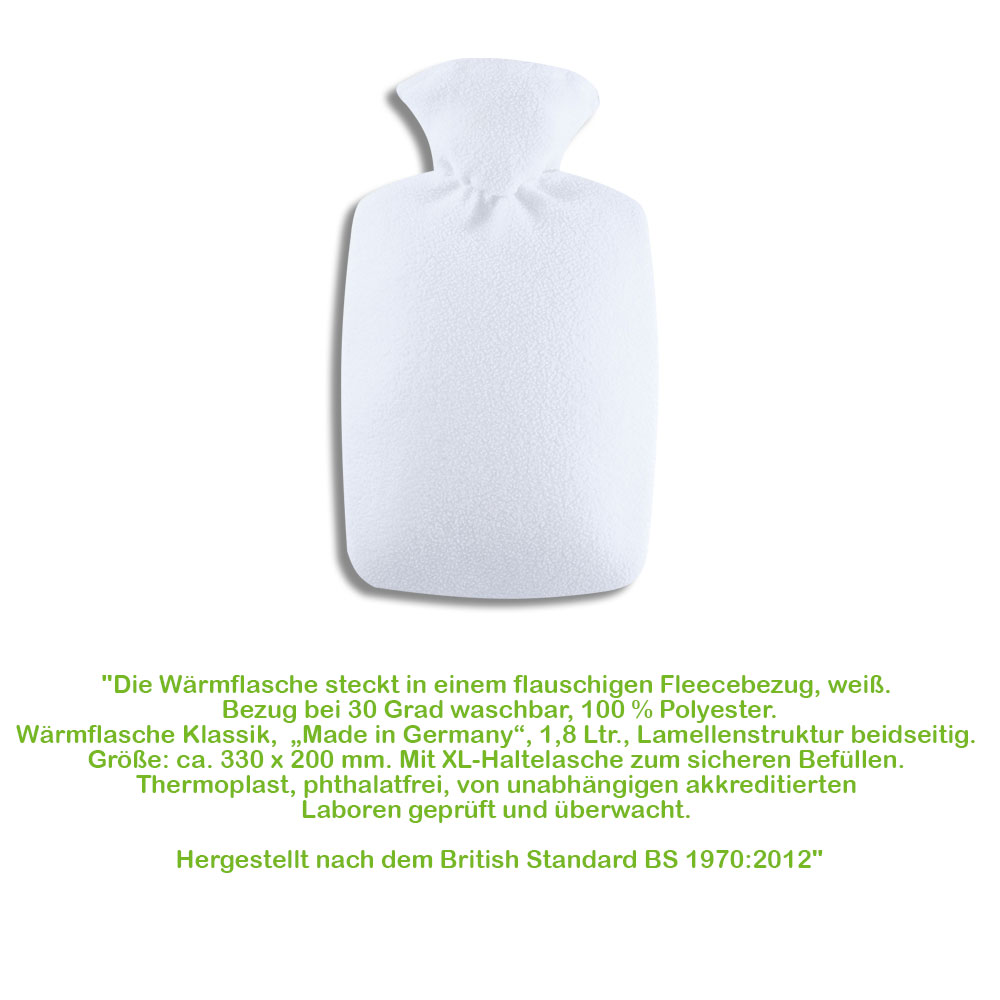 Hugo Frosch Klassik Wärmflasche 1,8 L, Fleecebezug, weiß