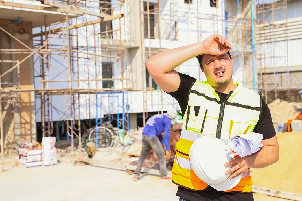Bauarbeiter und andere Berufsgruppen, die auch bei Hitze im Freien arbeiten, sind ebenfalls dem Risiko der Überhitzung ausgesetzt Ein Bauarbeiter wischt sich auf der Baustelle unter der Sommersonne den Schweiß von der Stirn