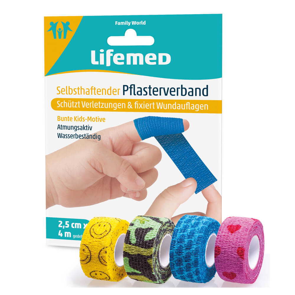 Lifemed® Pflasterverband, selbsthaftend, 4 Muster, 2,5cm x 4m