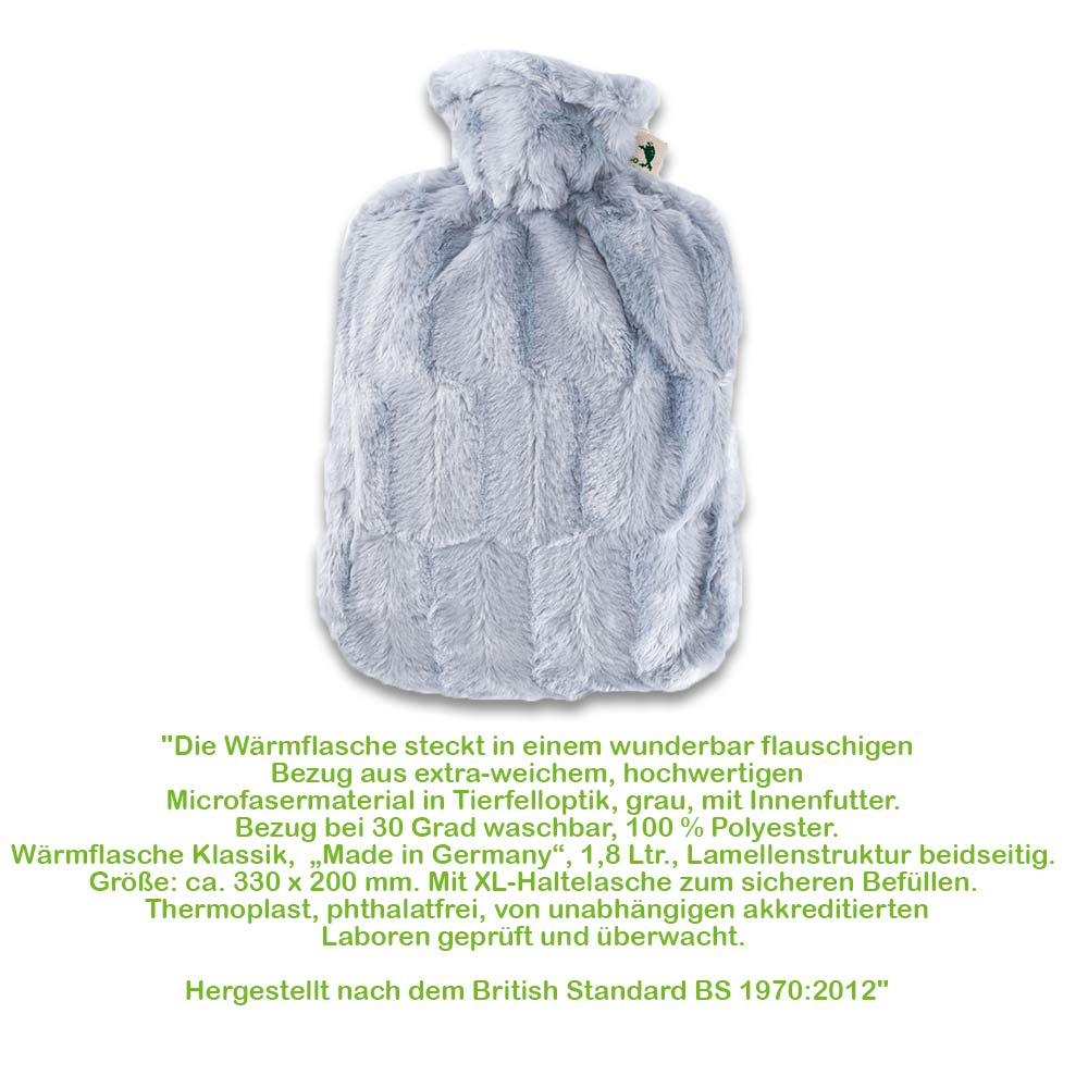 Hugo Frosch Klassik Wärmflasche 1,8 L, Flauschbezug, grau